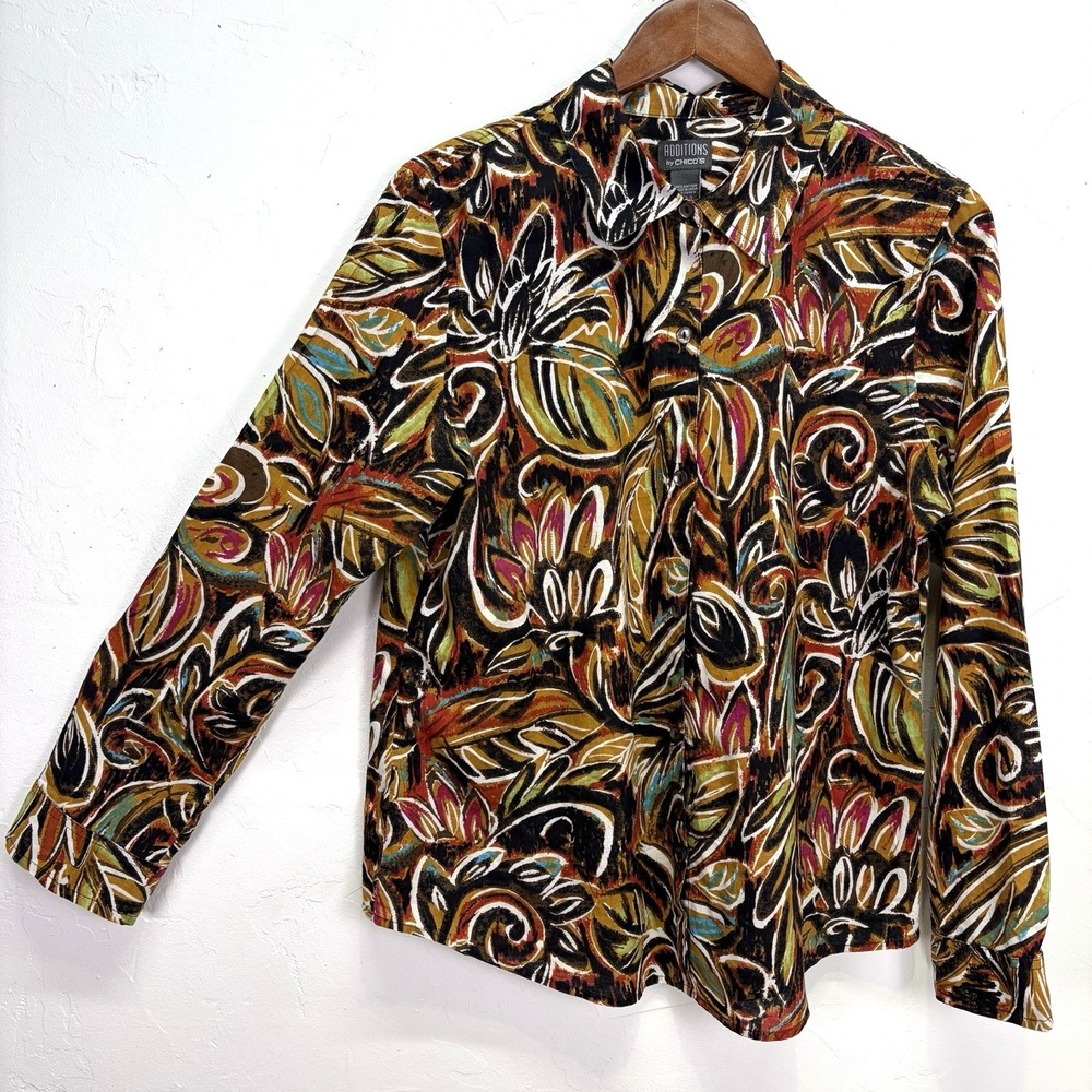 Additions by Chicos Woman's Button Up Long Sleeve Shirt Size 2 L‎ Brown Abstract